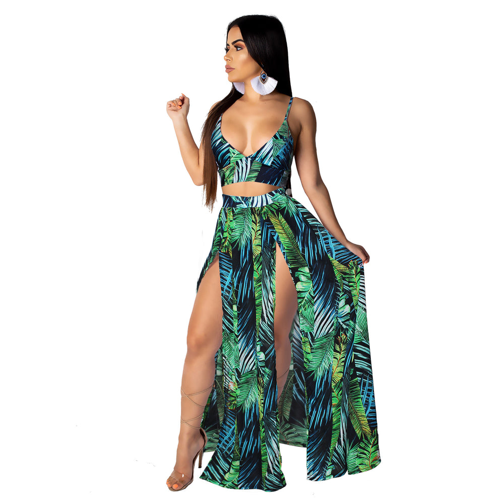 Amazon hot selling summer women's fashion sexy camisole printed swing skirt two-piece beach dress set