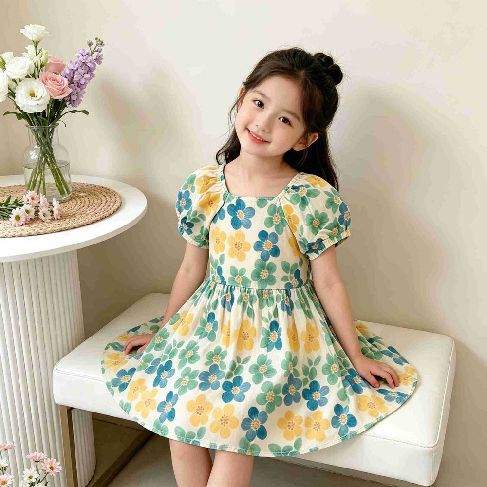 【matching family outfit】girls' floral dress - new summer collection, kids' square neck puff sleeve princess dress, baby dress