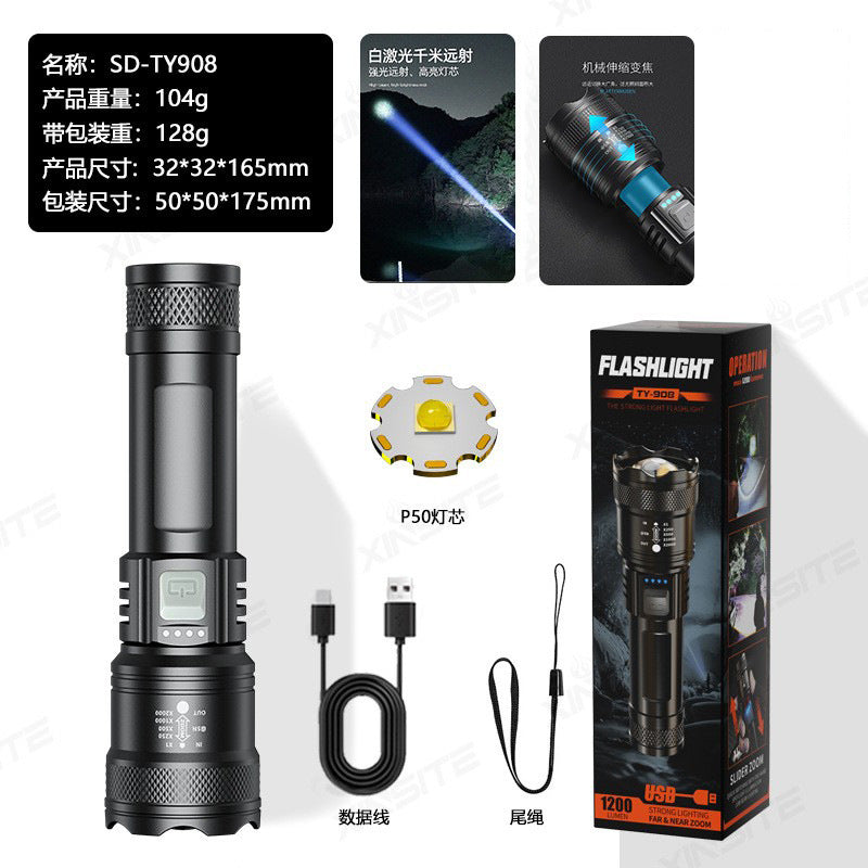 Cross-border explosive led strong light flashlight outdoor remote shooting USB charging telescopic focusing household emergency flashlight