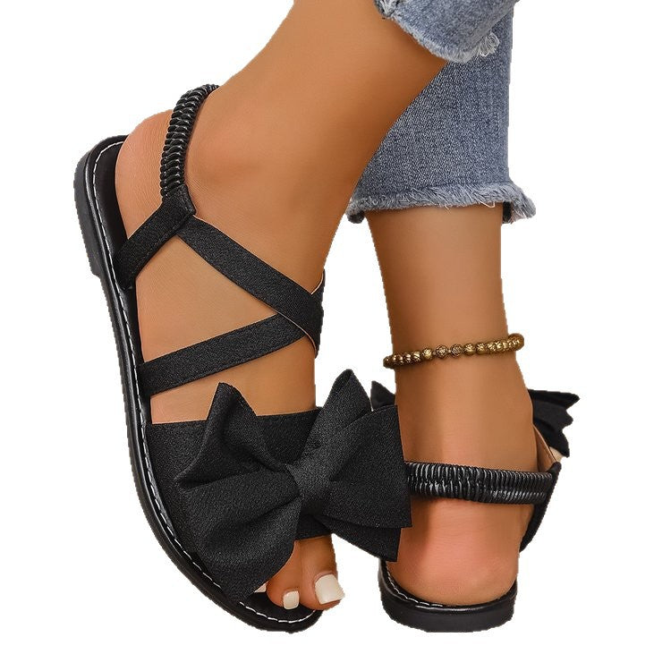 new women's plus size flat sandals - fashionable butterfly knot back elastic band casual slip-on beach sandals