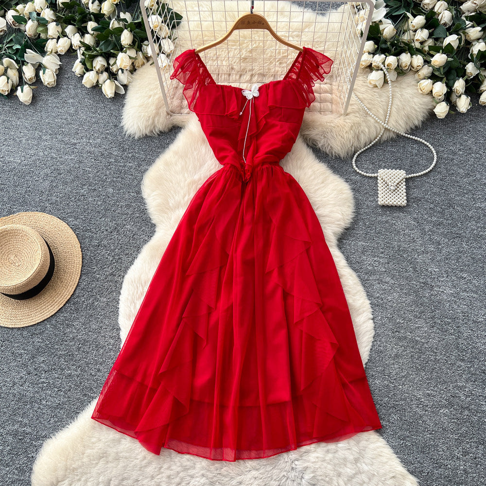 French sweet bowknot camisole dress - women's summer ruffle backless a-line dress - slimming, elegant, vacation style