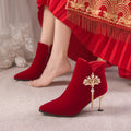 2024 autumn new fashion wine red chinese style wedding shoes high heels comfortable wedding boots bridal martin boots