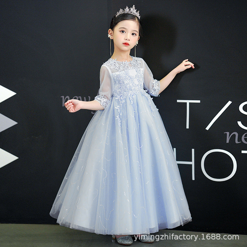 Hot-selling lace girls' dresses: new 3/4 sleeve princess dresses for girls, perfect for performances (sizes for mid-to-large children)