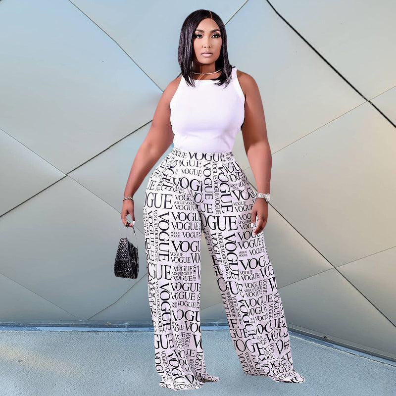 P5103 plus size women's casual wide-leg pants - elastic waist, letter & geometric floral print, cross-border fashion