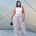 P5103 plus size women's casual wide-leg pants - elastic waist, letter & geometric floral print, cross-border fashion