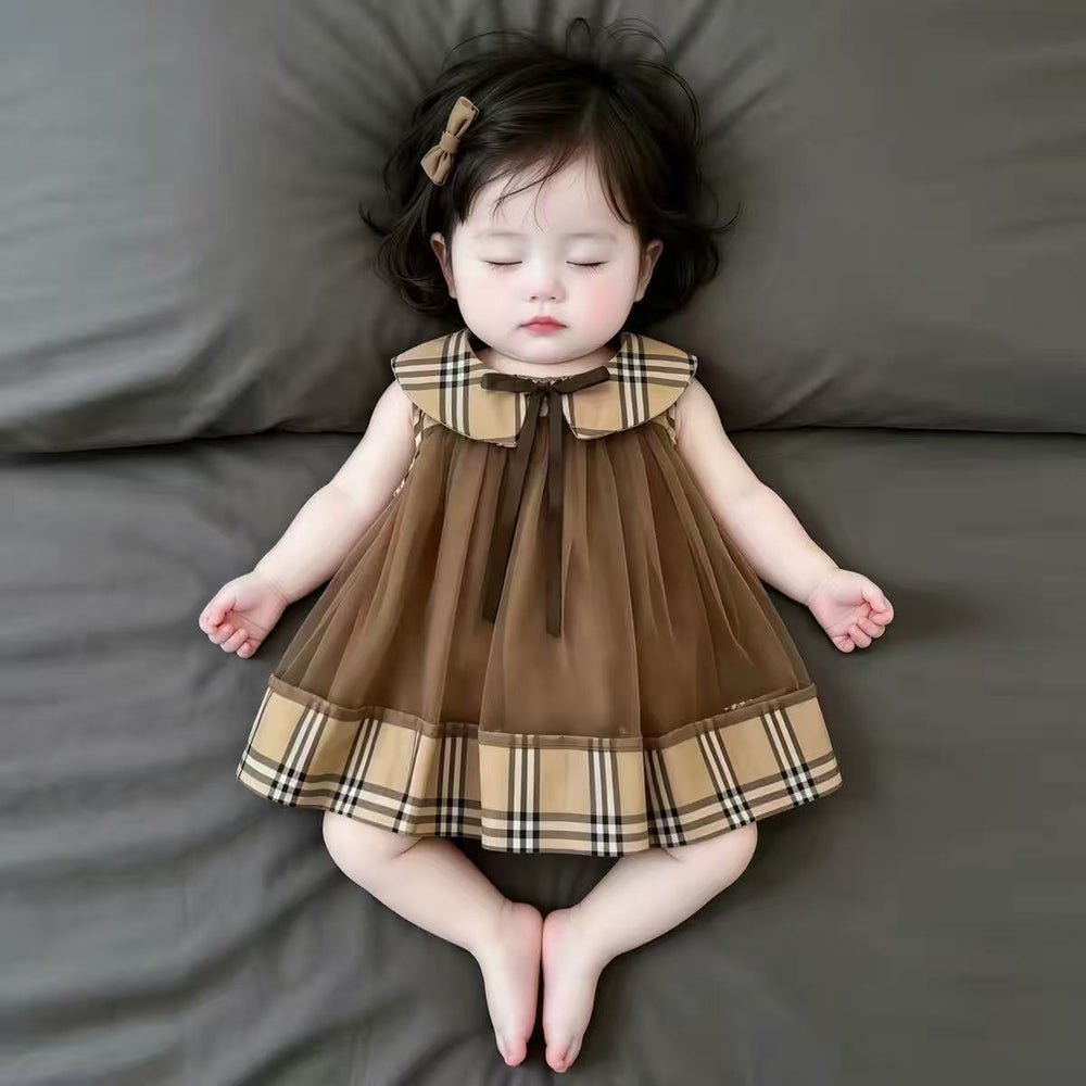 Summer chic sleeveless bowknot girl's korean style plaid peter pan collar dress with mesh panel princess dress for summer