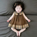 Summer chic sleeveless bowknot girl's korean style plaid peter pan collar dress with mesh panel princess dress for summer