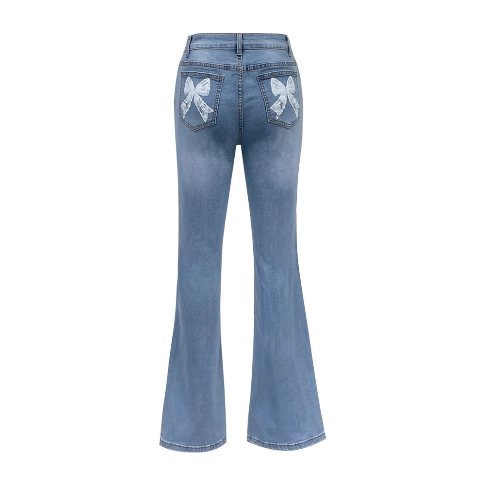 Pre-sale-65832#  cross-border fashion foreign trade women's clothing trendy personalized bow printed denim pants