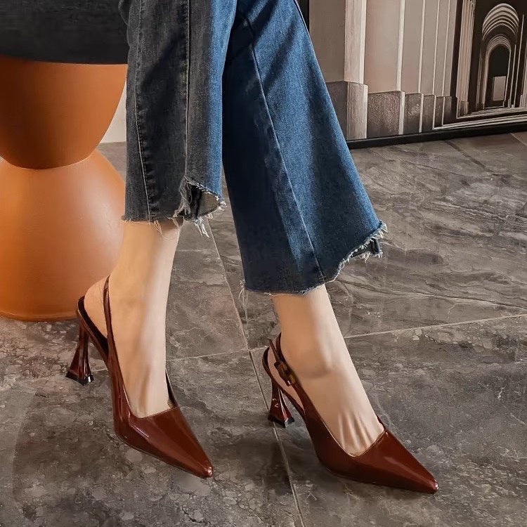 Burgundy sexy closed-toe sandals for women, 2025 new arrival, back strap patent leather versatile stiletto pointed-toe high heels
