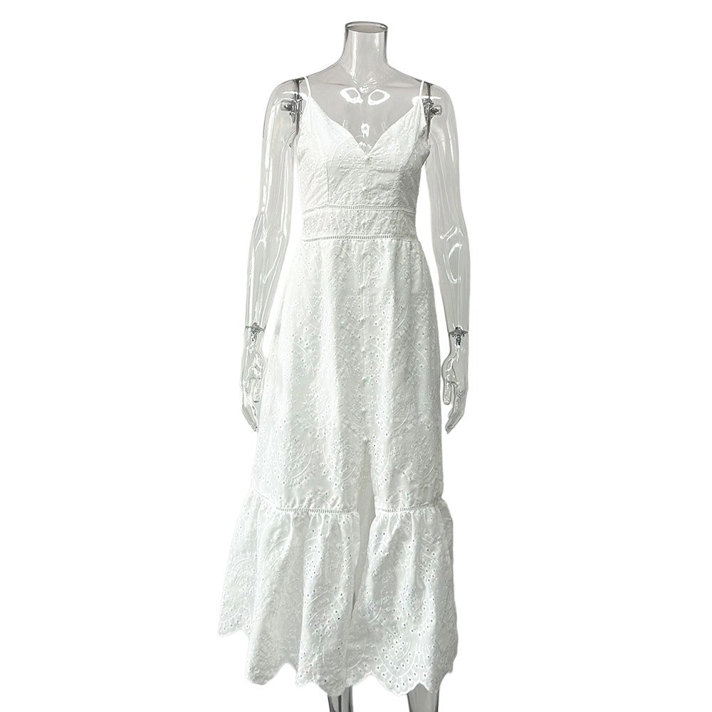 Russian  women's new summer sleeveless suspender dress hollow embroidery sleeveless jacquard suspender dress