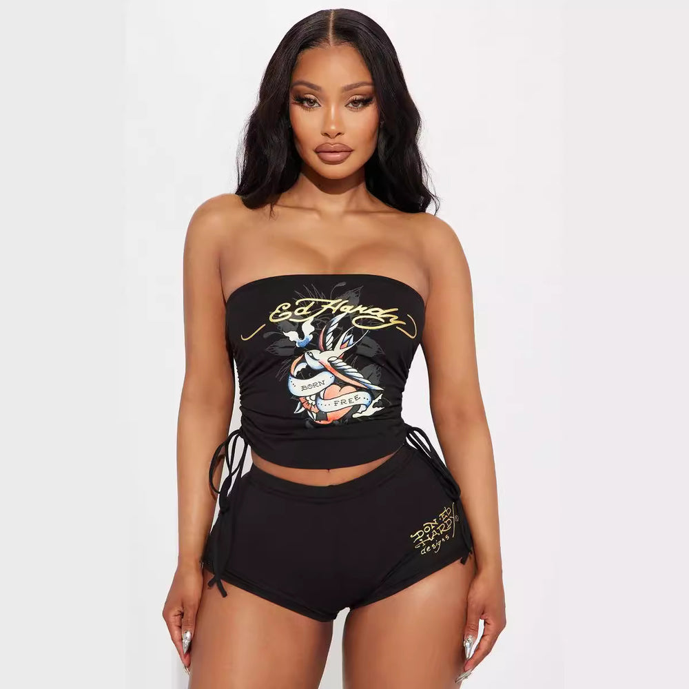 cross-border european and american women's apparel: unique and beautiful printed bandeau top and shorts set - wholesale two-piece layering outfit