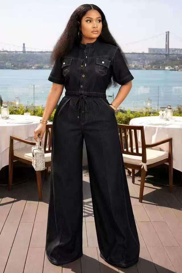 European and american new arrival cross-border   casual button-down two-piece set: short-sleeve top & wide-leg jeans denim outfit for women
