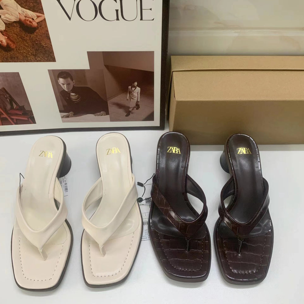 Za summer new 2024 fashionable versatile square toe thong sandals high heel chunky heel round heel sandals for women