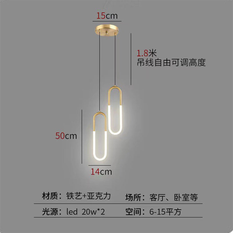 Modern minimalist brushed gold u-shaped linear pendant light - italian style for bedroom, bedside, dining room, island, bar, and hotel