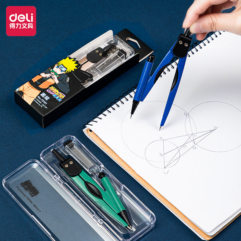 Deli 72161 Metal Compass Naruto IP-with 2B lead core plastic box for portable storage, convenient for wholesale