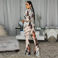 C7770 cross-border  new printed mesh see-through long-sleeved short top and slightly flared pants slimming look hot girl two-piece set