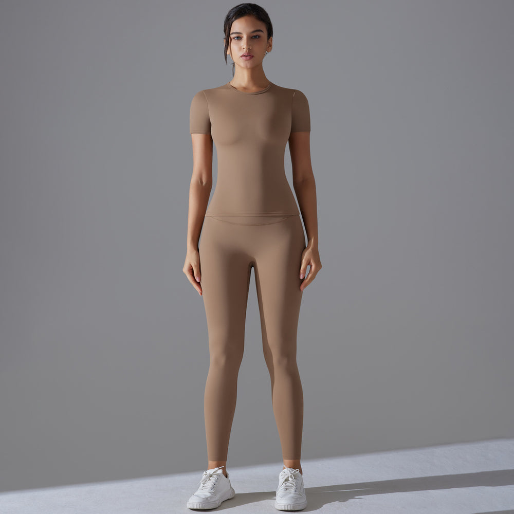 new nude feel compression short-sleeve yoga set - high-waisted, butt-lifting, quick-dry running & fitness activewear two-piece