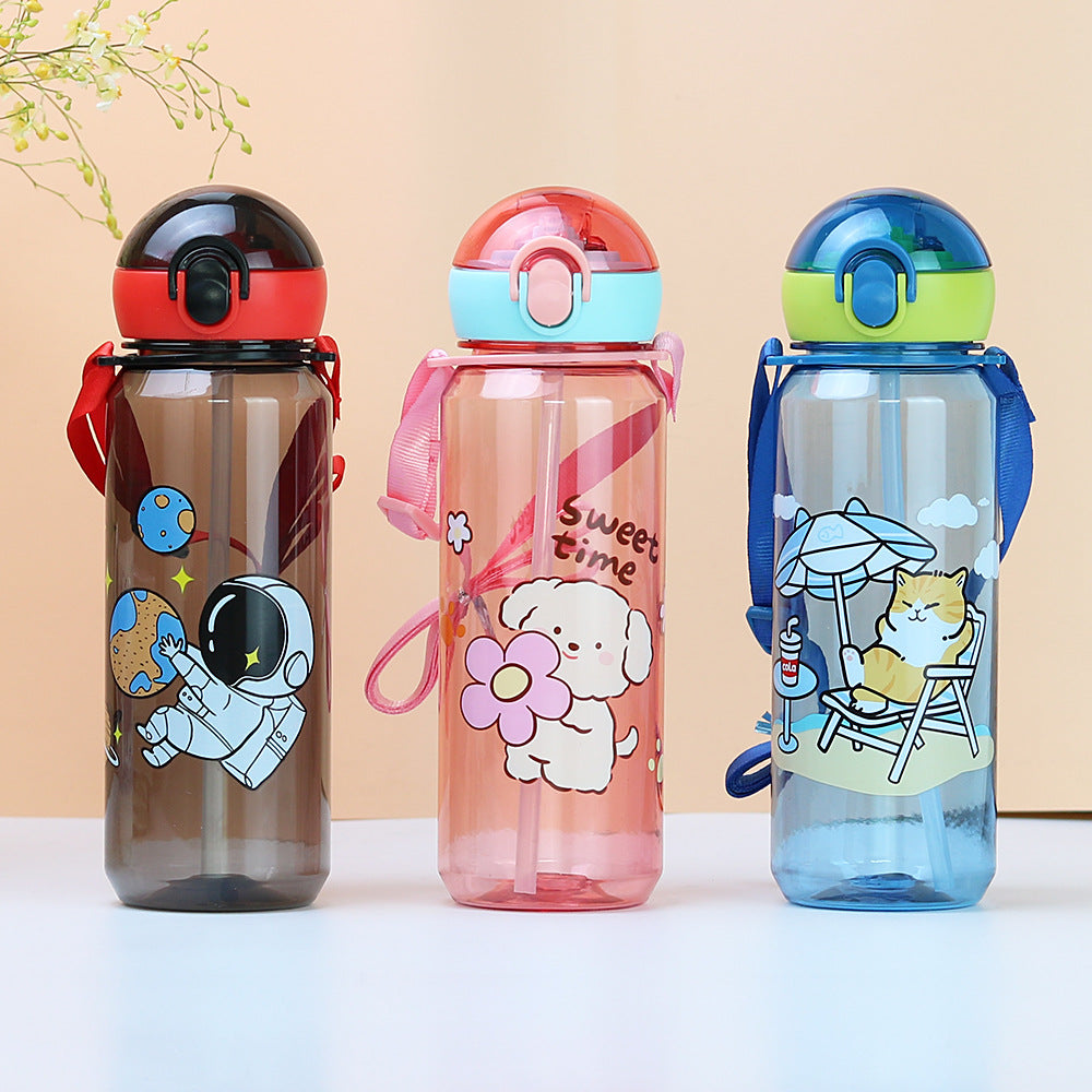 Factory customized cute cartoon kids straw cup pop-up lid plastic water bottle kindergarten strap water bottle portable water bottle