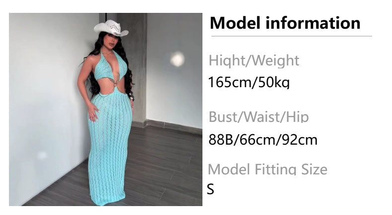 Fashion beach vacation cut outknittinghalterdress deep v chain backless long blouse cross-border women's clothing