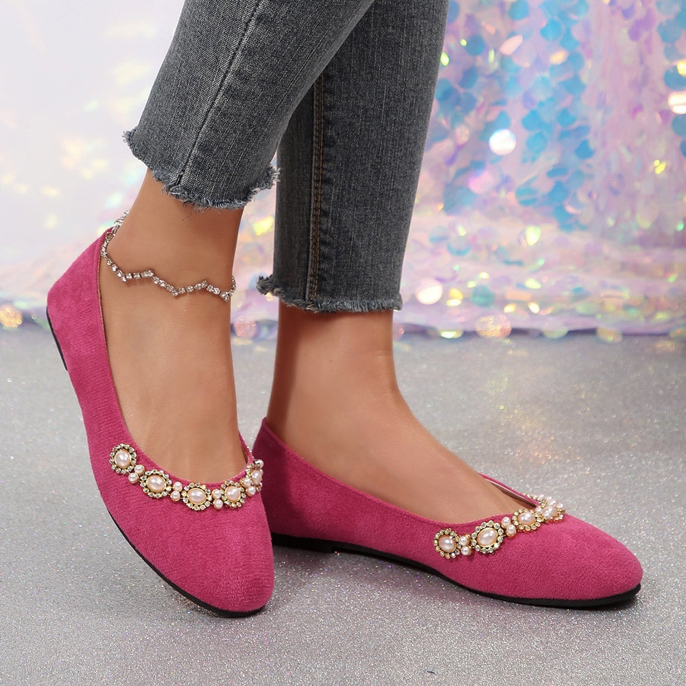 spring new fashion pearl rhinestone flat comfortable women's slip-on elegant low-cut versatile flats