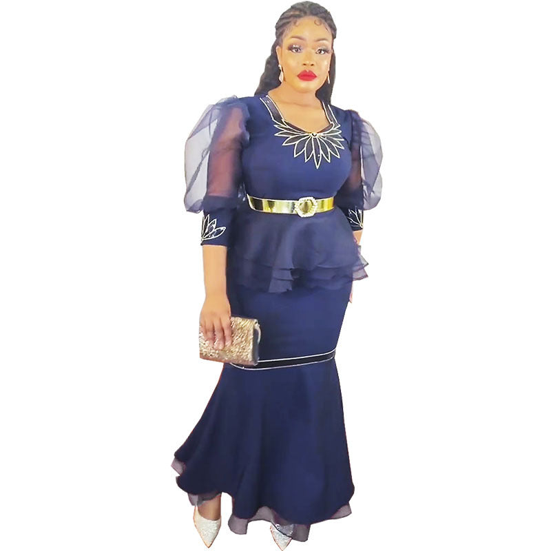 supply of african women's clothing, lotus leaf organza puff sleeve tops and skirt embroidered sequinsuit special price