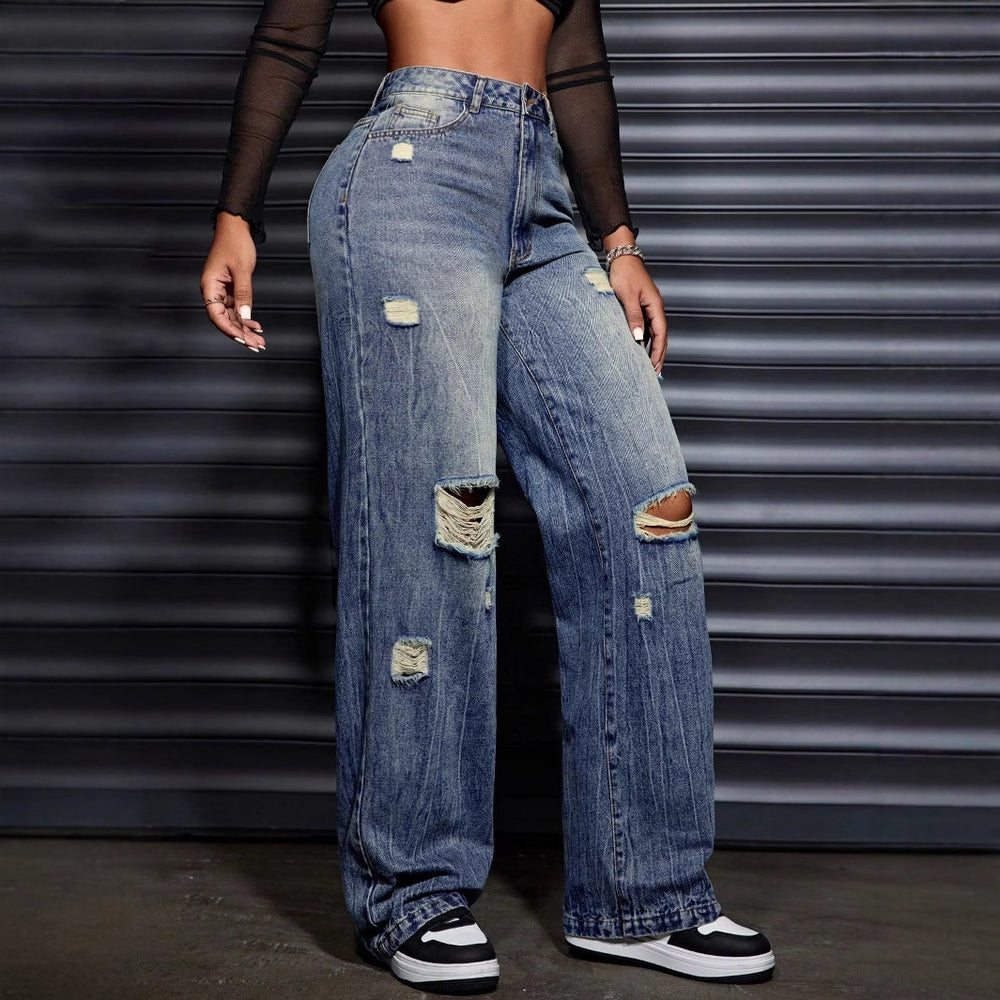 Pre-sale-65700  cross-border foreign trade women's fashion casual loose straight-leg ripped denim pants