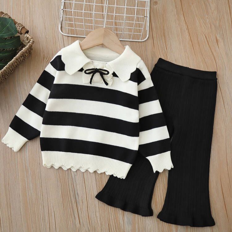 Girls' knitted sweater two-piece set: new autumn/winter striped cardigan and sweater outfit for little girls