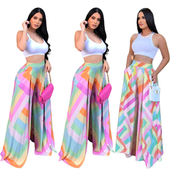 S390292 Foreign trade hot-selling spring and summer temperament loose printing drape wide-leg pants women's trousers high waist women's wholesale