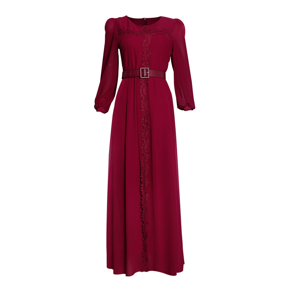 Fashion cross-border supply  long skirt long sleeves african plus size women's clothing elegantwork clothing chiffon dress belt