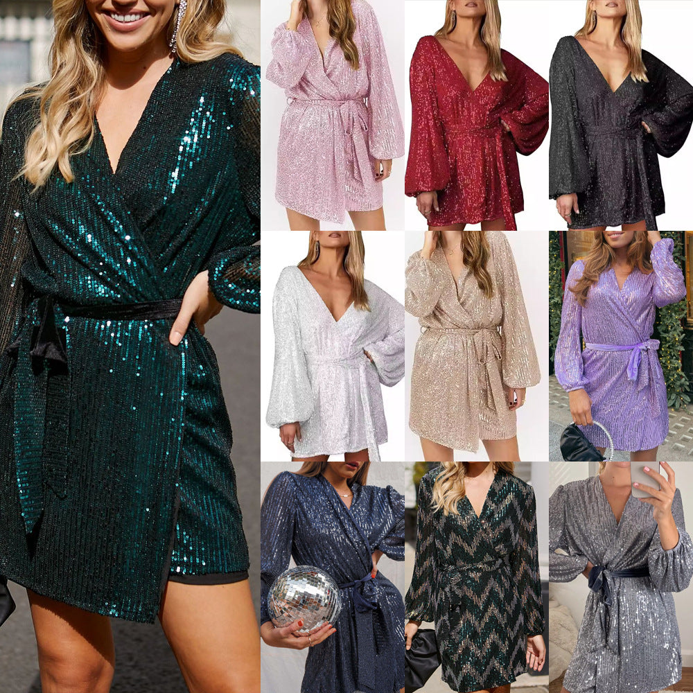 2025 new sequin mini wrap dress for women - v-neck, long sleeve, puff sleeve, sparkly wrap party dress
