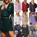 2025 new sequin mini wrap dress for women - v-neck, long sleeve, puff sleeve, sparkly wrap party dress