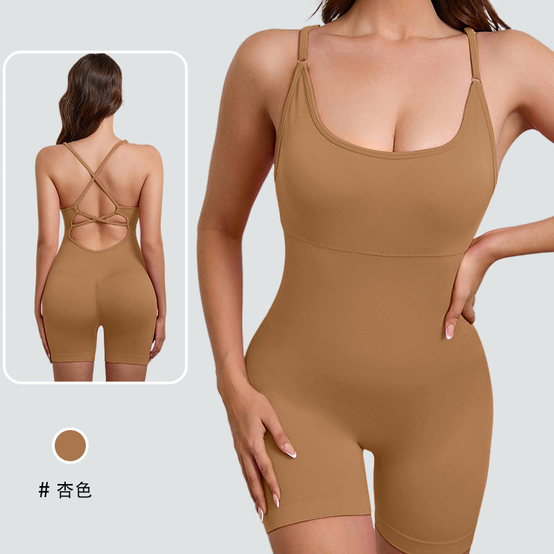 European and american style one-piece yoga bodysuit with removable padded bra, criss-cross back design, breathable, casual, activewear, and shaping bodysuit