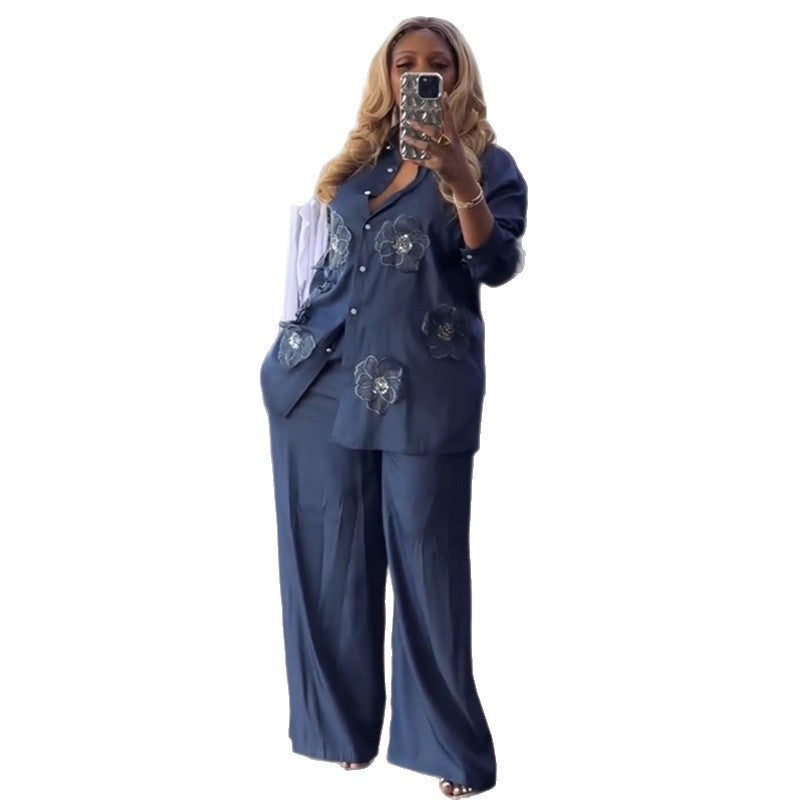 European and american women's clothing  autumn new collection: sweet and fresh collared appliqué long-sleeve shirt and high-waisted straight-leg pants two-piece set