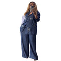 European and american women's clothing  autumn new collection: sweet and fresh collared appliqué long-sleeve shirt and high-waisted straight-leg pants two-piece set