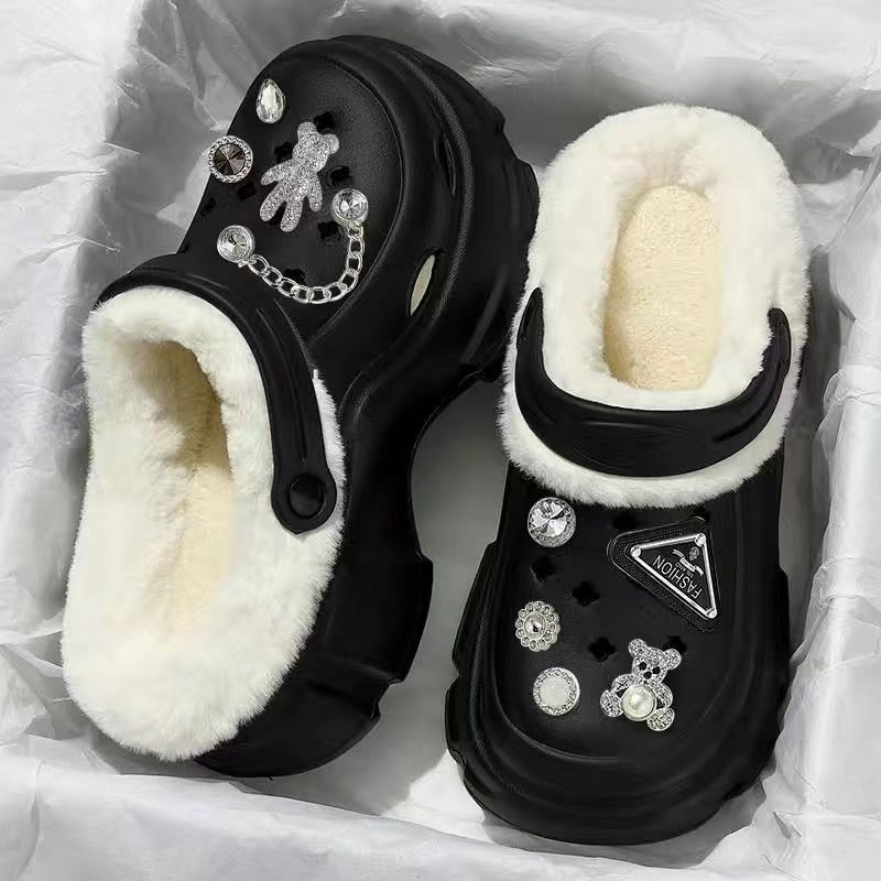 Fleece-lined cotton clogs for women, autumn and winter inner lining, 2024 new style, outer wear, height-increasing thick sole, furry cotton slippers for winter