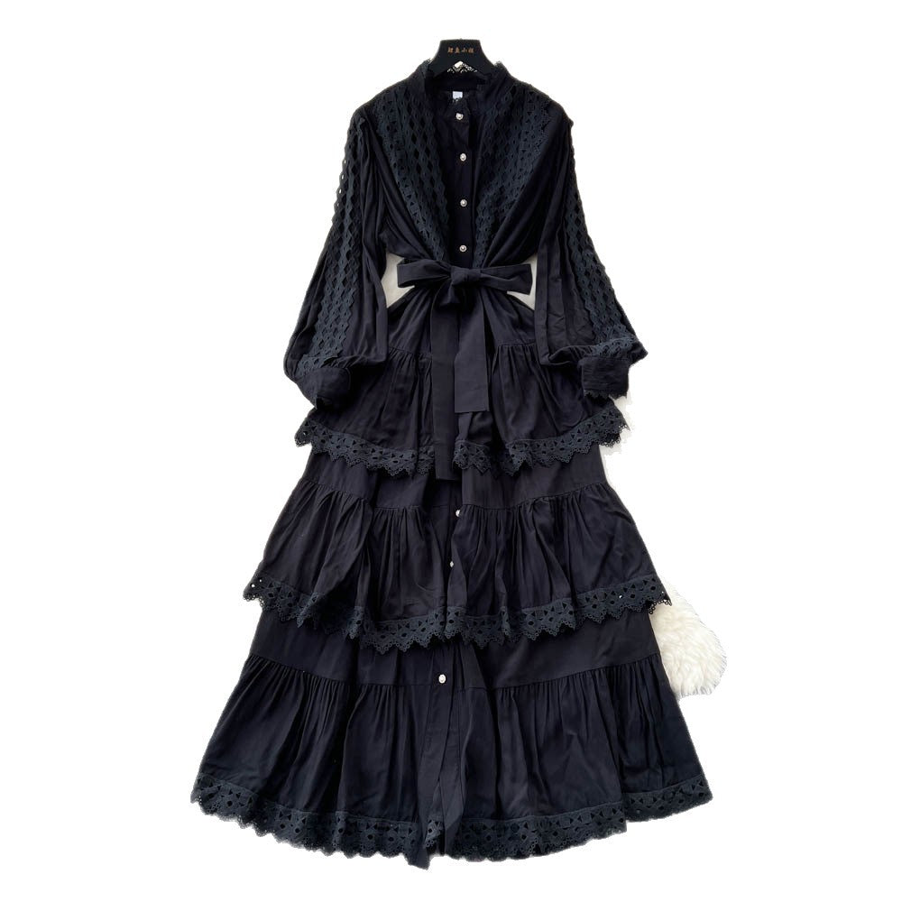 Frenchclassyretrolacepatchwork lantern sleeve dress women's autum strap waist slimming lookelegance long dress