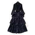 Frenchclassyretrolacepatchwork lantern sleeve dress women's autum strap waist slimming lookelegance long dress