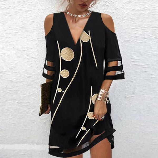 Europe, America and the United States summer new V-neck positioning flower mesh yarn short-sleeved dress fashion women's mesh yarn