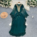 Fashionfashionableheavy industrylacepatchworkv neckbat sleeve strap waist dress women's vacation style tassel long skirt