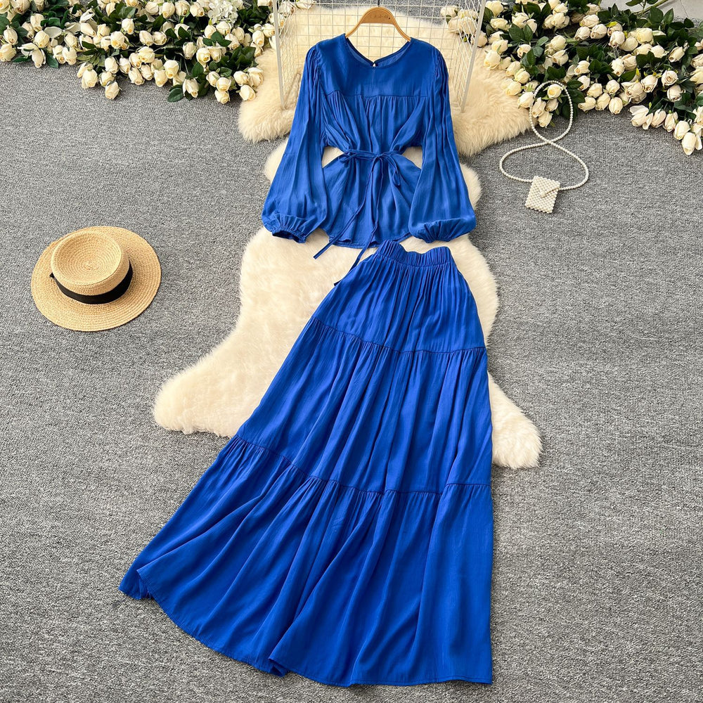 Gentle wind age-reducing suit women's springfrench strap waist round neck long sleevesshirt + high waistdraped skirt