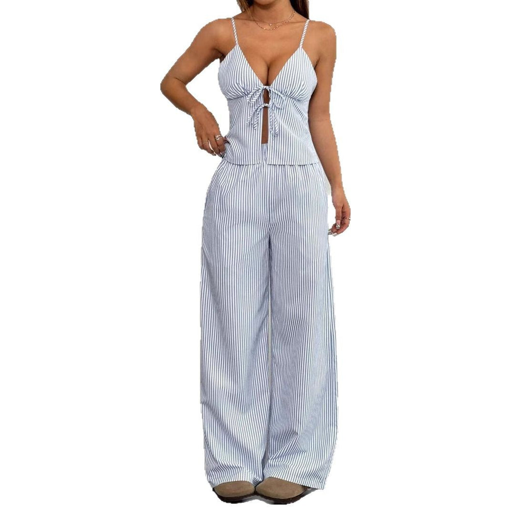 european and american women's two-piece outfit: summer fashion striped tie-up cami top and wide-leg pants set