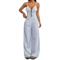 european and american women's two-piece outfit: summer fashion striped tie-up cami top and wide-leg pants set