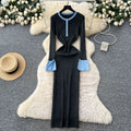 Frenchretrofashionablecontrast color round neck slit long sleevesknittingdress women's autum waist slimming look bottom long skirt