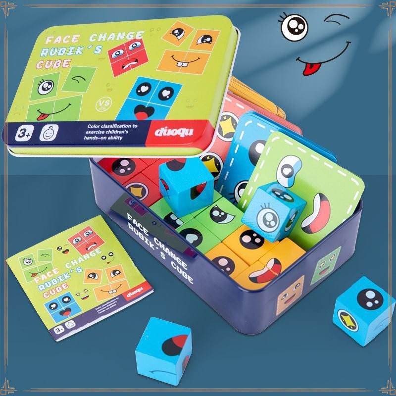 Face cube building block children's space thinking early education board game parent-child interactive game smiley wooden hot toy