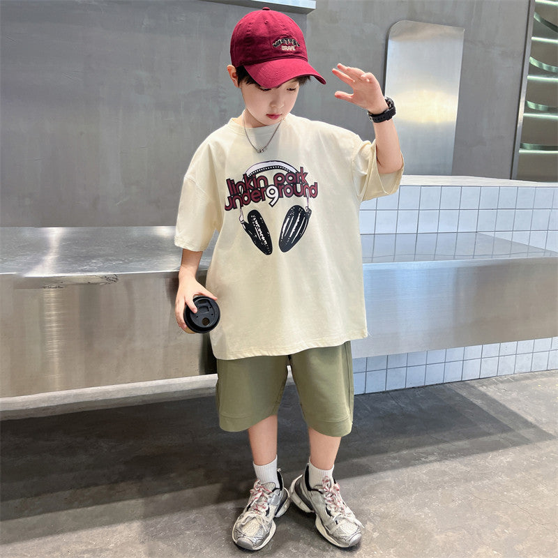 Boys' summer fashion:  new collection - stylish, relaxed-fit, printed letter two-piece set for older boys