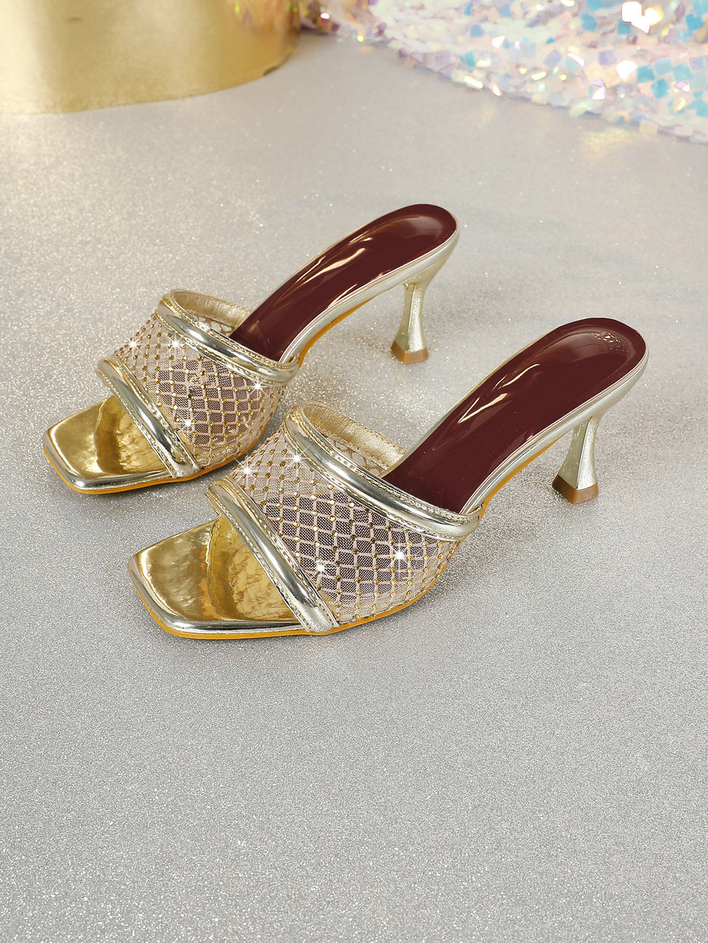 New mesh rhinestone high-heeled slippers 2025 - unique design, solid color, sexy & chic, transparent party sandals