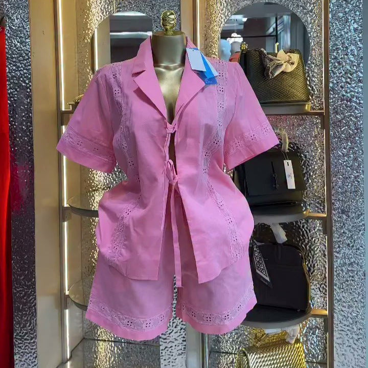 European and american cross-border women's fashion:  summer new collection - stylish cutout tie-up short sleeve shirt & wide leg shorts casual set