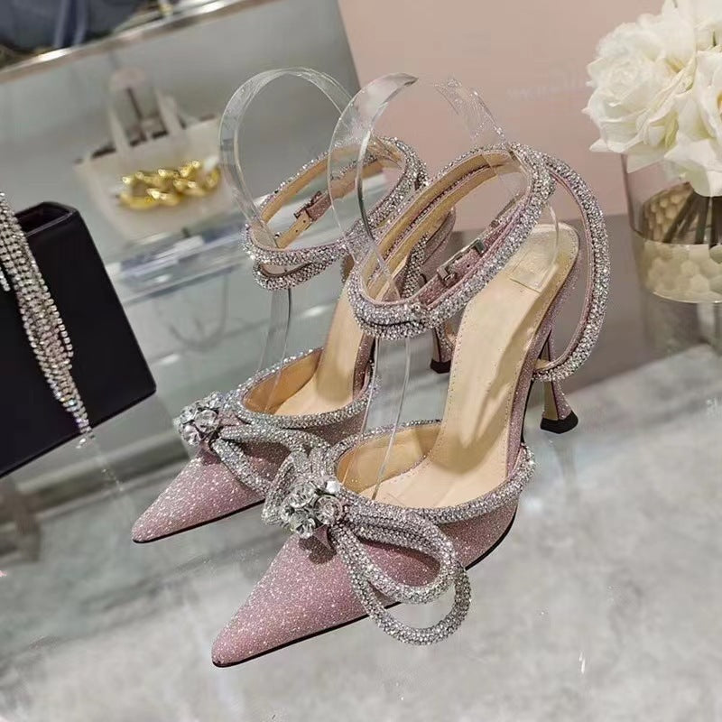 European and american high heels 2026 new bowknot women's shoes rhinestone pointed toe pumps strappy stiletto ultra high heels