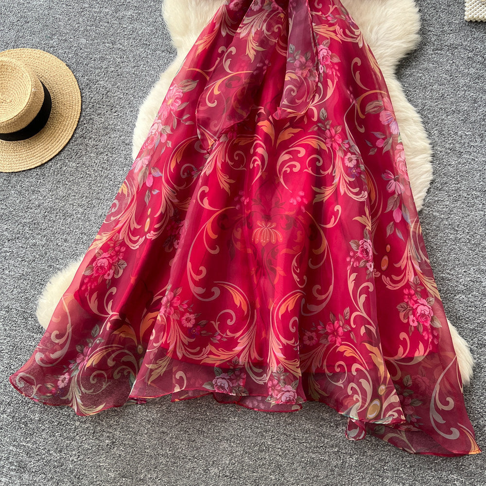 french court style vintage print dress - women's spring/summer turn-down collar, cinched waist, tie-waist a-line maxi dress - office/workwear
