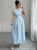 european and american cross-border summer new arrival: light blue pleated sleeveless a-line maxi dress - commute chic & elegant